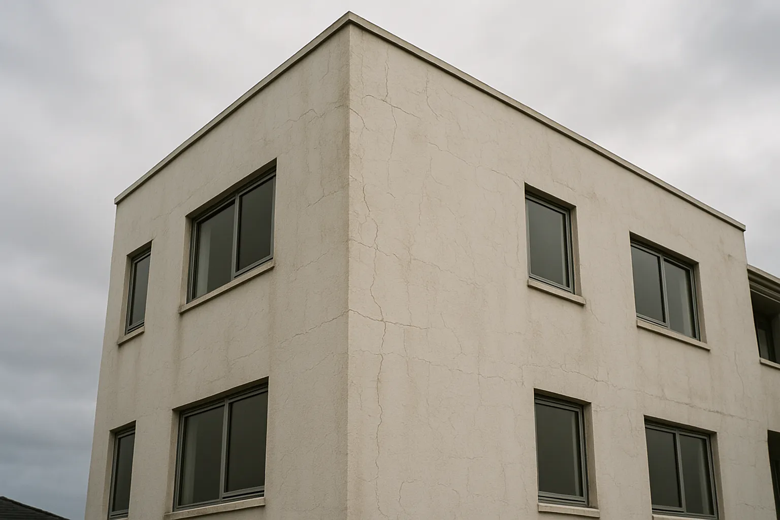 NE corner before — hairline cracking and coating breakdown flagged in the building report